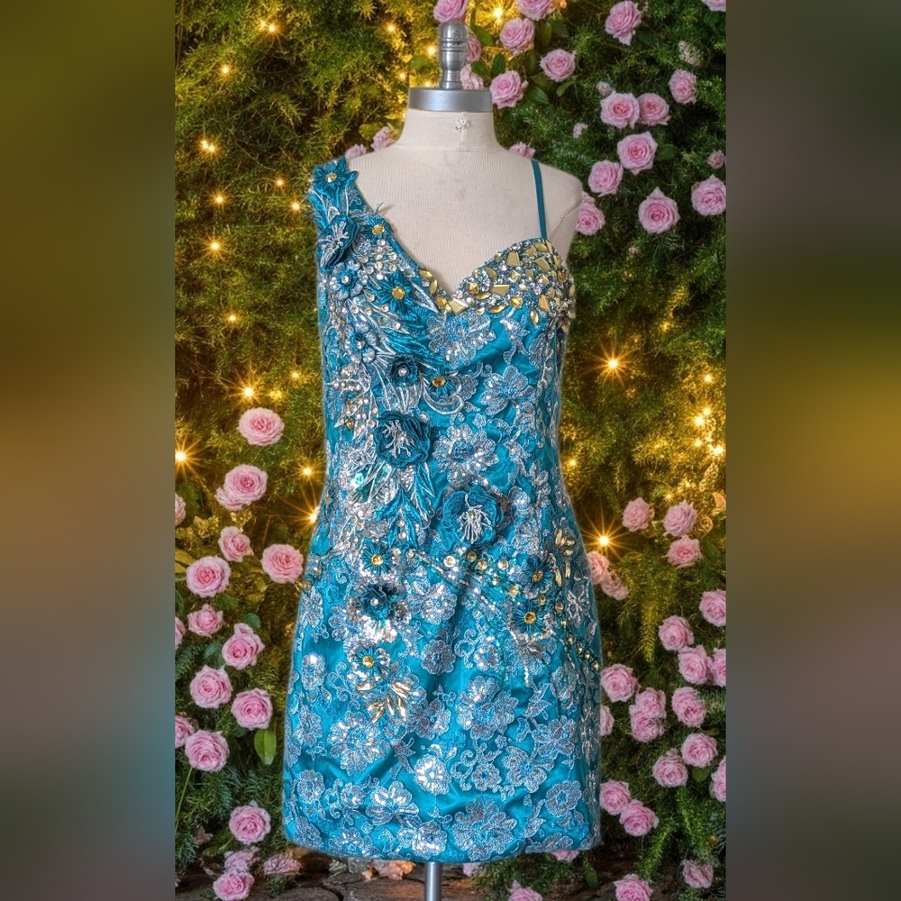 MNM Couture Asymmetrical Beaded Cocktail Dress, Size 18
